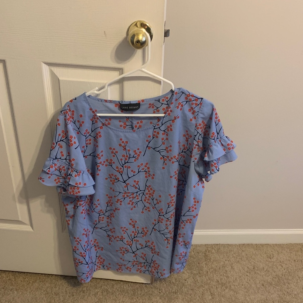 Lane Bryant Light Blue Floral Top with Ruffle Sleeves
